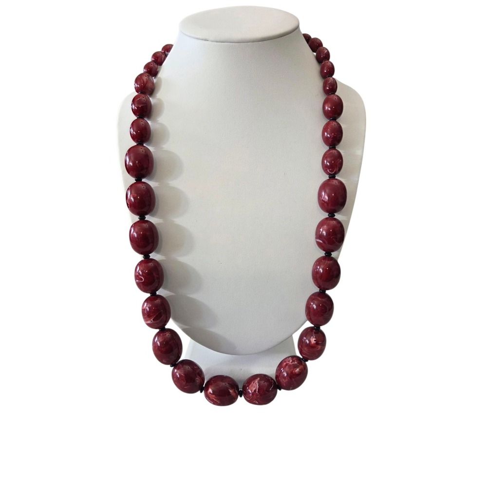 Vintage Monet Marbleized Burgundy Graduated Beaded Necklace 26" Glass Beads